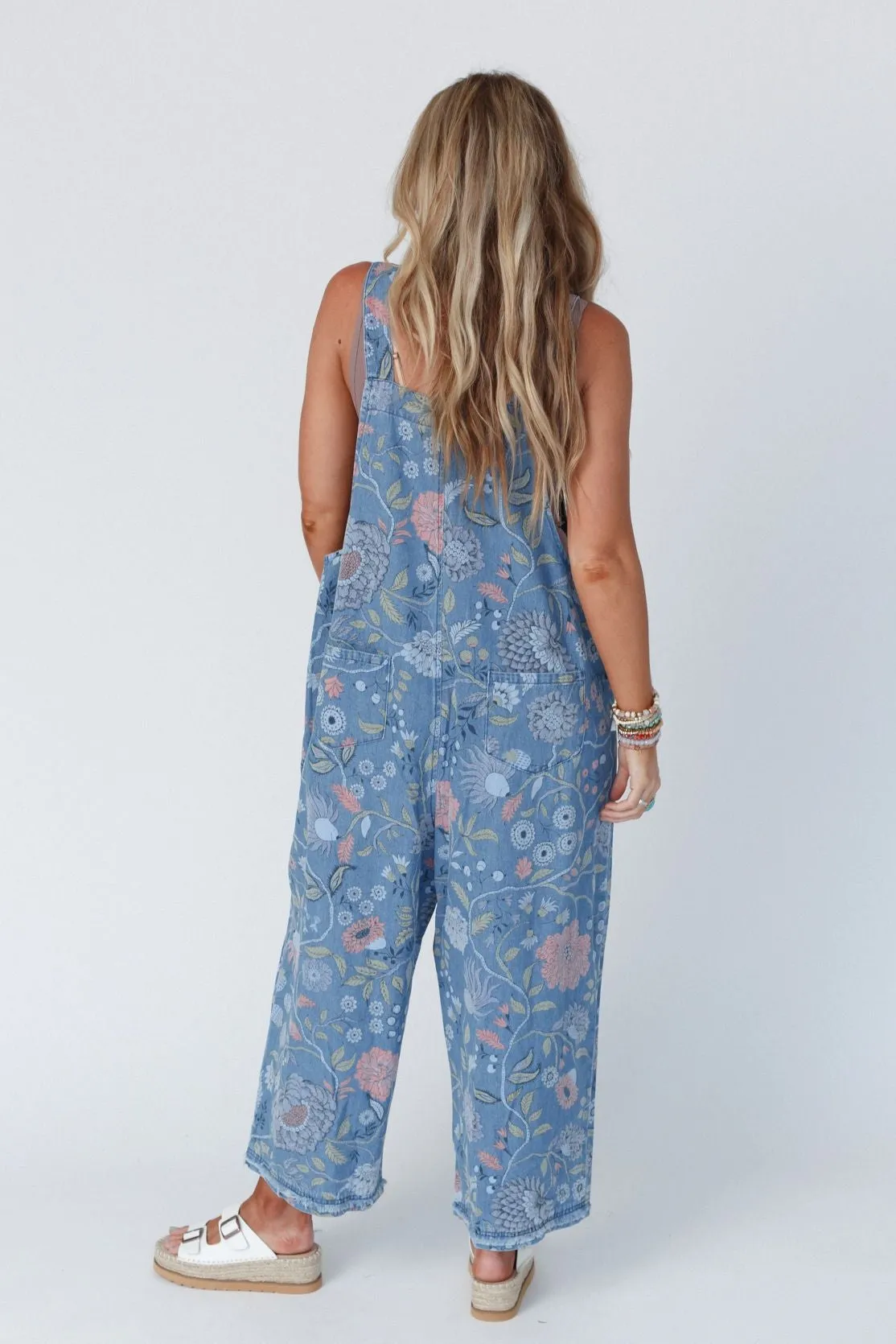 High Hopes Slouchy Denim Overalls - Floral Blue Denim