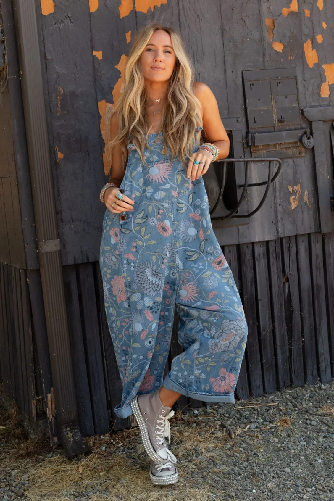 High Hopes Slouchy Denim Overalls - Floral Blue Denim