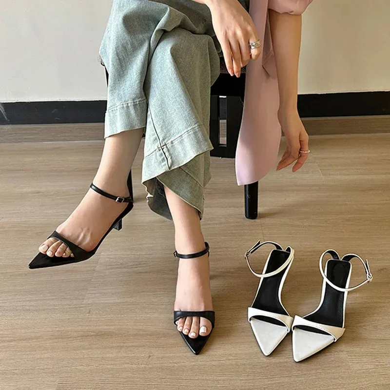 Hnzxzm Fashion Black White Sandals For Women 2024 Summer Gladiator Pointed Toe Low Thin Heels Female Shoes Casual Roma Sandalias