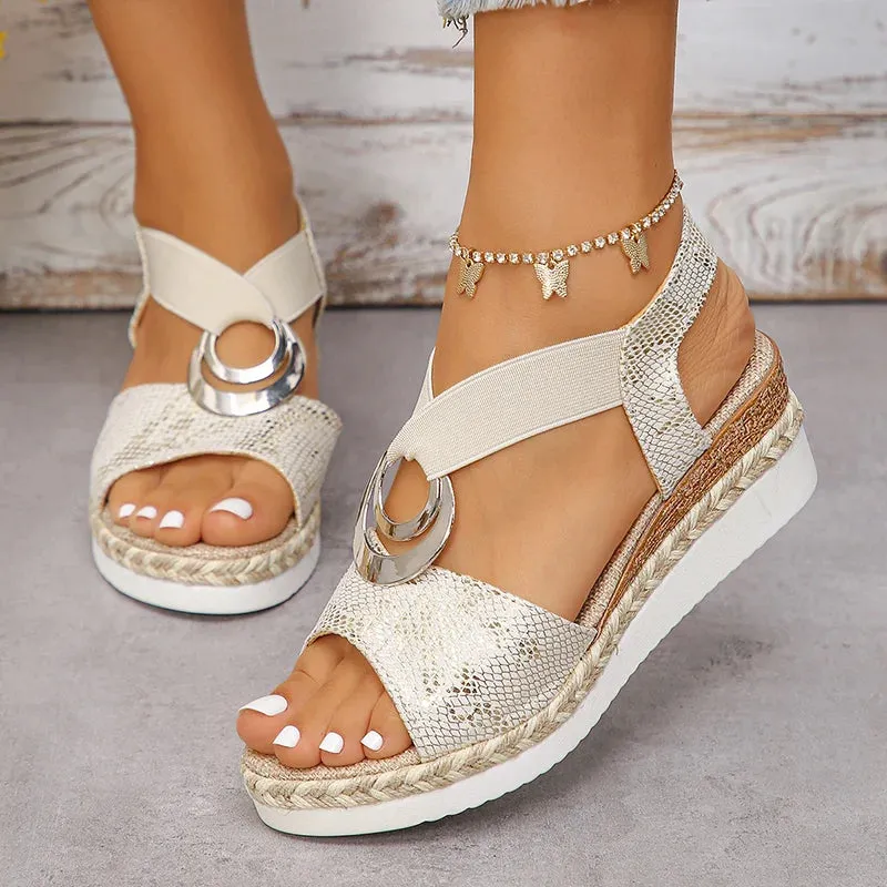 Hnzxzm Metal Decoration Women's Wedges Sandals 2024 Summer Snake Print Platform Gladiator Shoes Woman Comfort Casual Med Heels Sandals