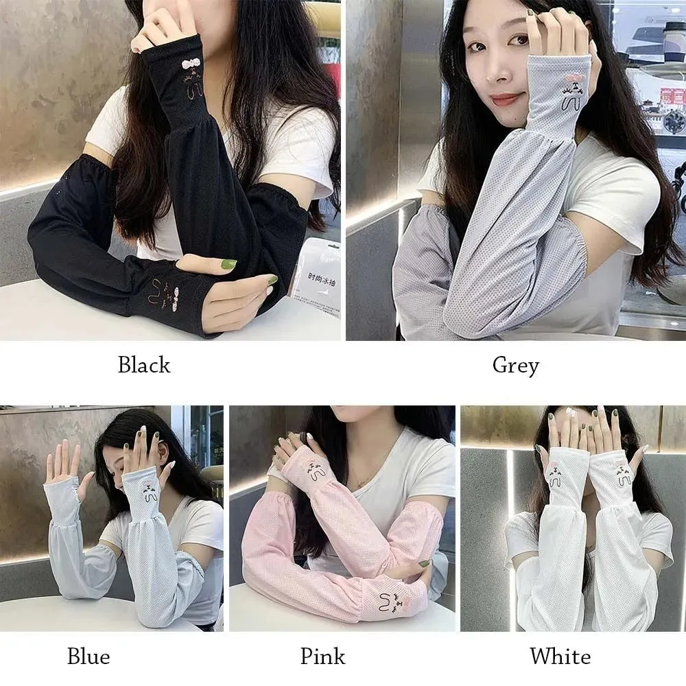 Ice Silk Sun Protection Arm Covers Women Cute Rabbit Elbow Cover Outdoor Cycling Running Driving Cool Anti-UV Arm Sleeves