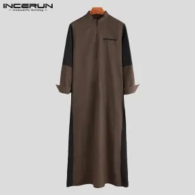 INCERUN Men Muslim Kaftan Stand Collar Patchwork Long Sleeve Retro Casual Robes Arabic Islamic Jubba Thobe Men Clothes Plus Size