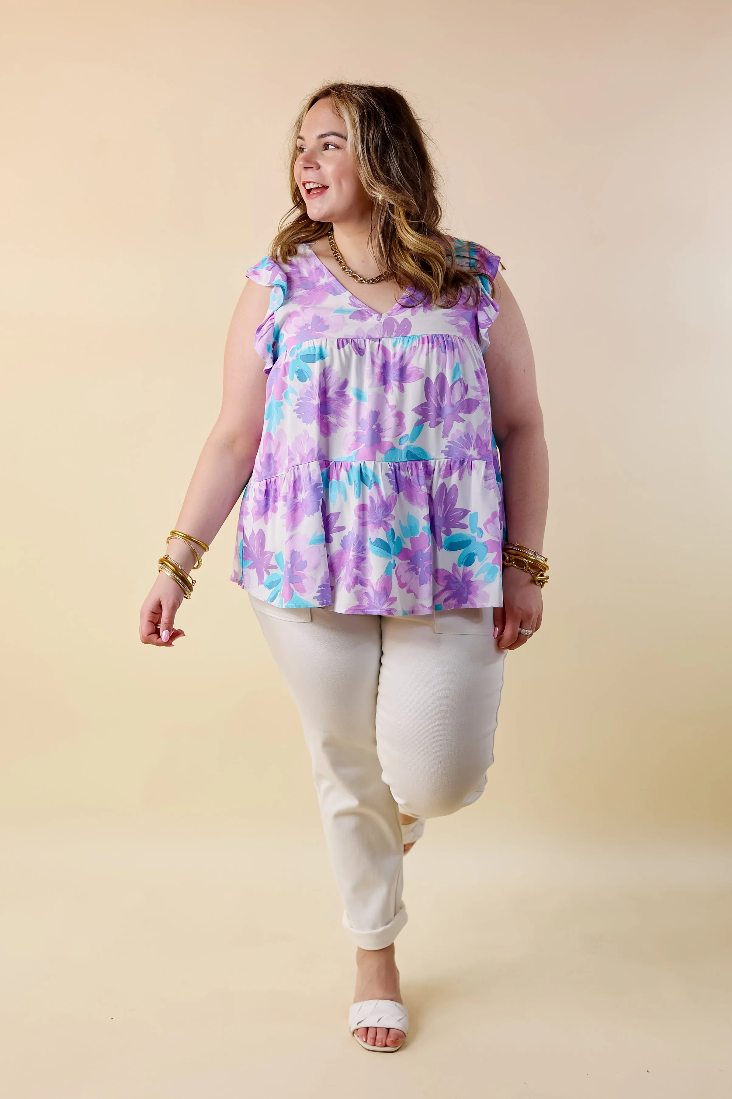 Inspiring Sights Floral V Neck Top with Ruffle Cap Sleeves in Lavender Purple