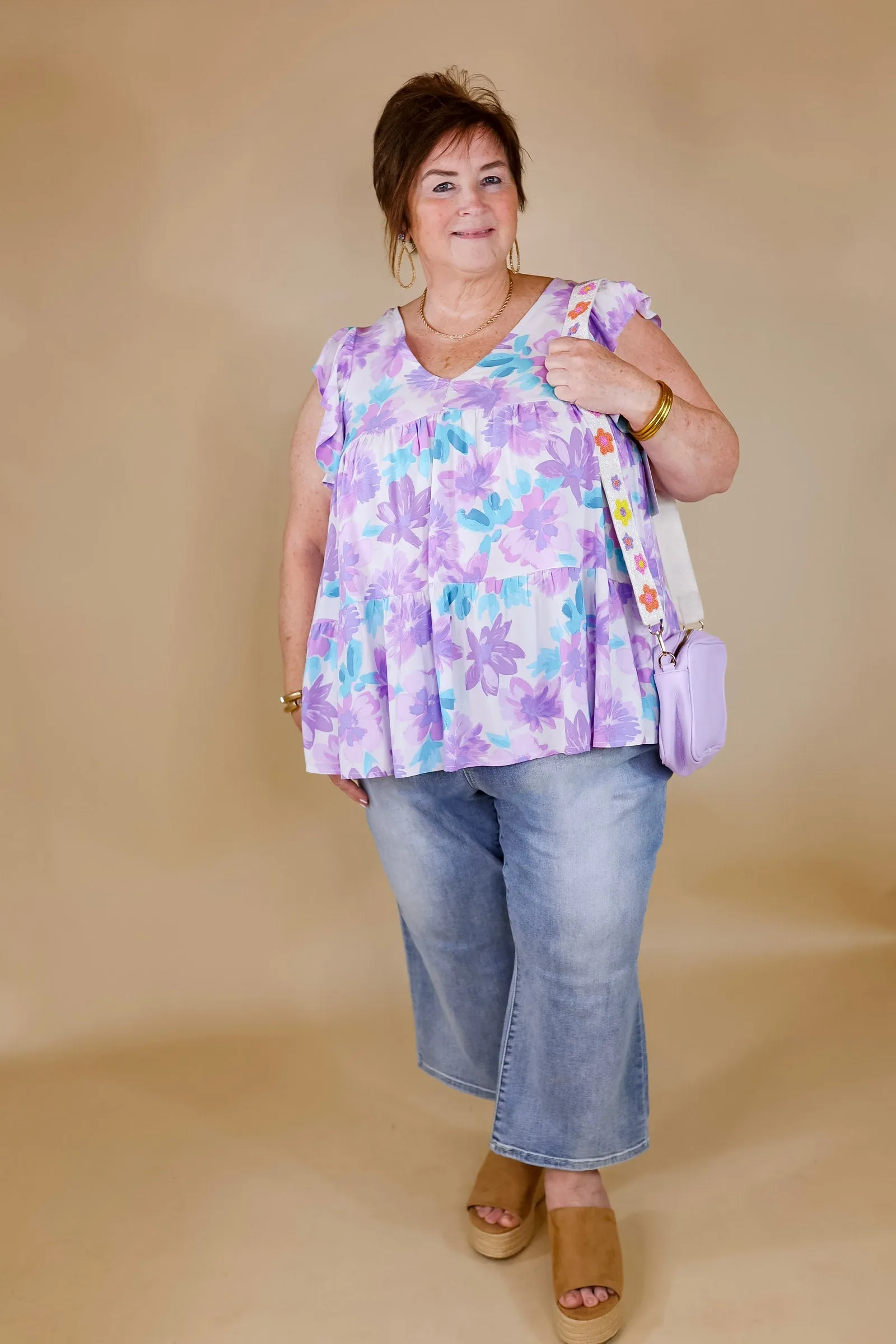 Inspiring Sights Floral V Neck Top with Ruffle Cap Sleeves in Lavender Purple