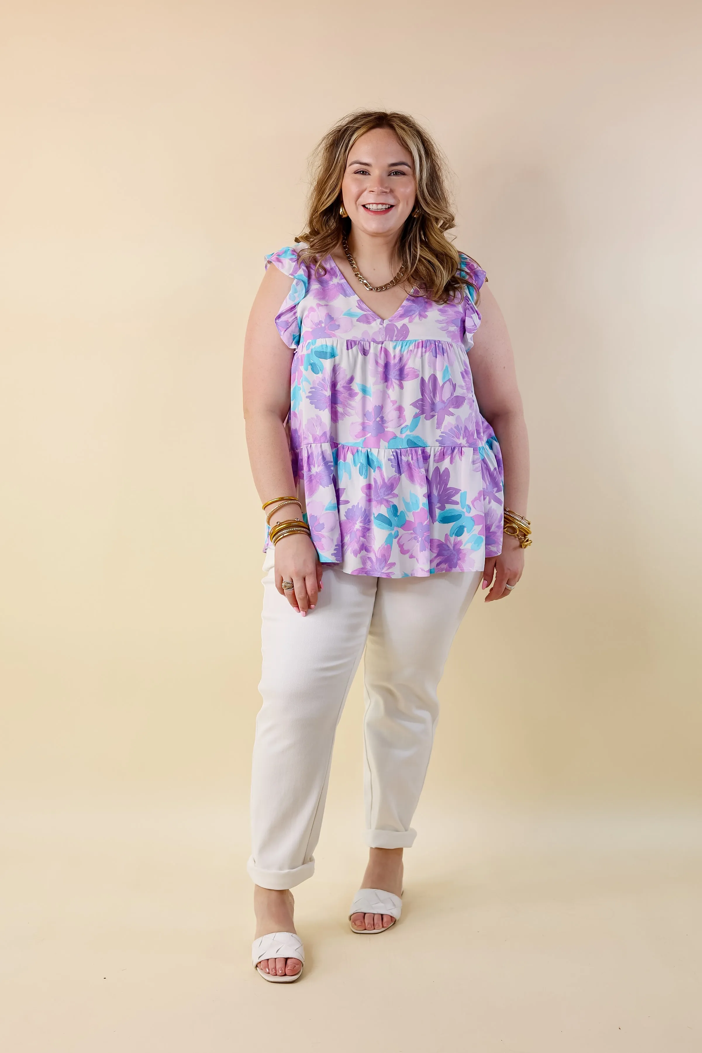 Inspiring Sights Floral V Neck Top with Ruffle Cap Sleeves in Lavender Purple