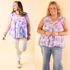 Inspiring Sights Floral V Neck Top with Ruffle Cap Sleeves in Lavender Purple