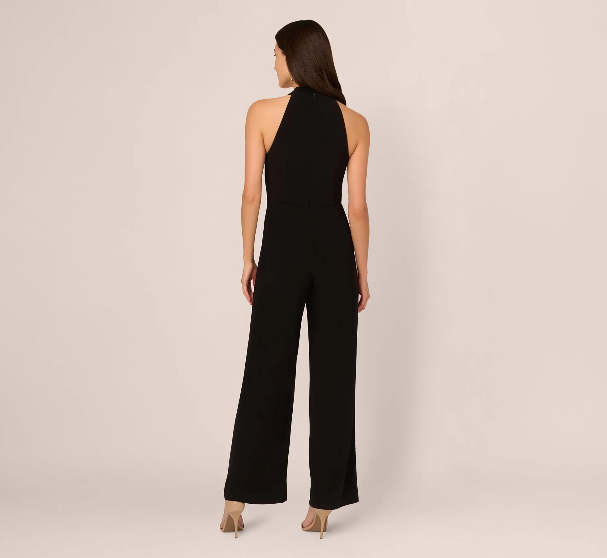 Jersey Halter Jumpsuit With Overlay Details In Black