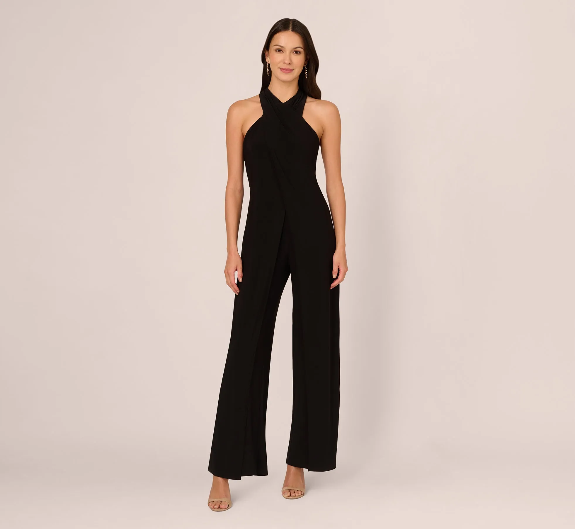 Jersey Halter Jumpsuit With Overlay Details In Black