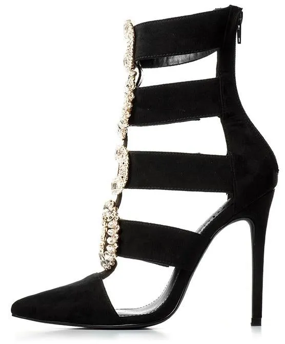 Jewel-Buckled Black Suede Gladiator Sandals