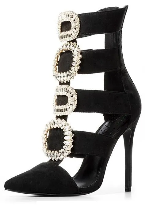 Jewel-Buckled Black Suede Gladiator Sandals