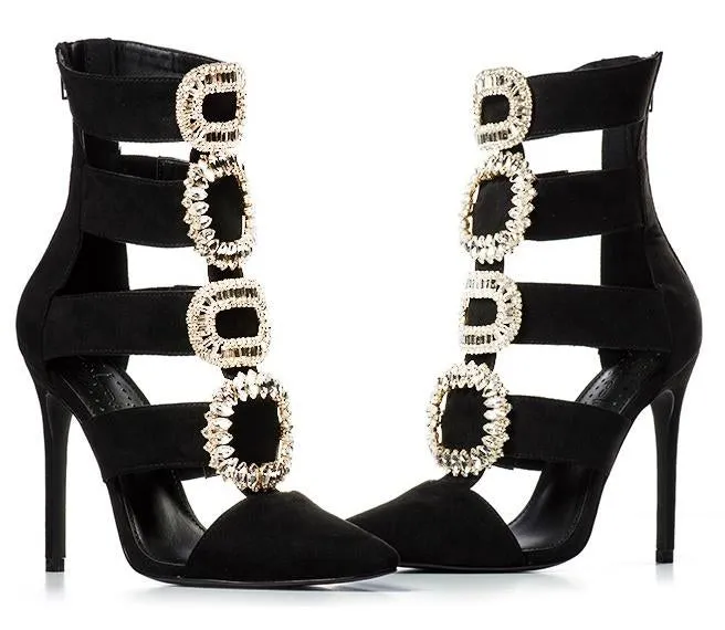 Jewel-Buckled Black Suede Gladiator Sandals