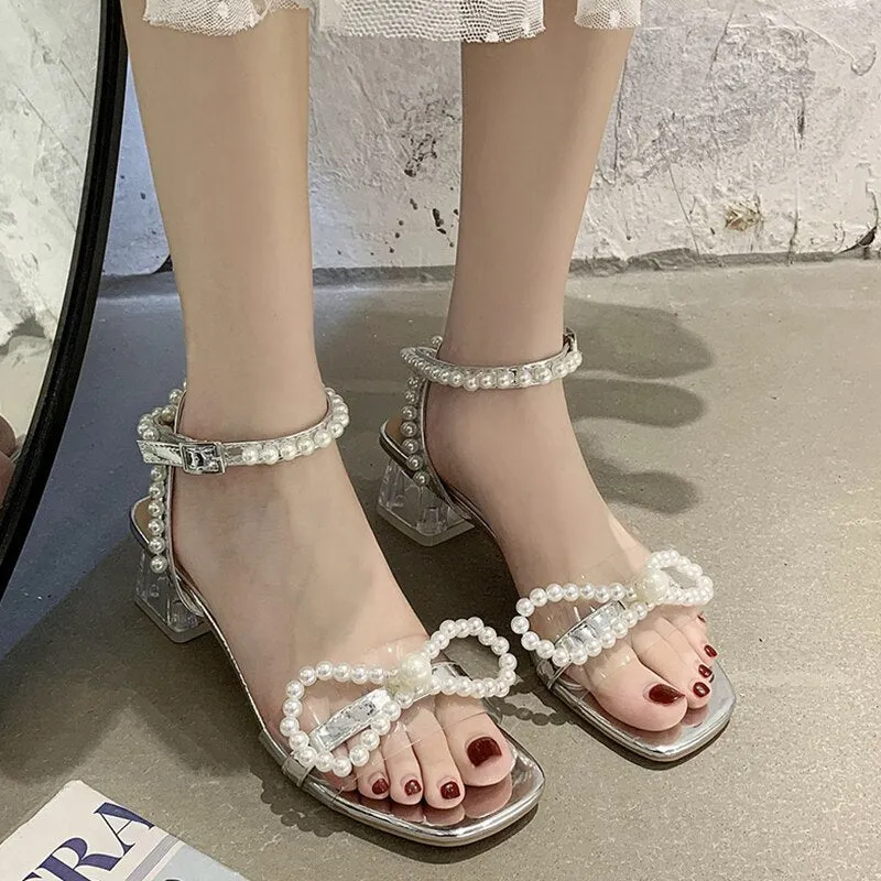 Joskaa Fashion Ankle Strap Pearls Sandals Women 2024 Summer PVC Transparent Heels Sandalias Mujer Beaded Bow Party Shoes Woman