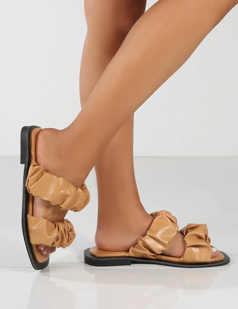 KoKo Camel Ruched Strappy Flat Sandals