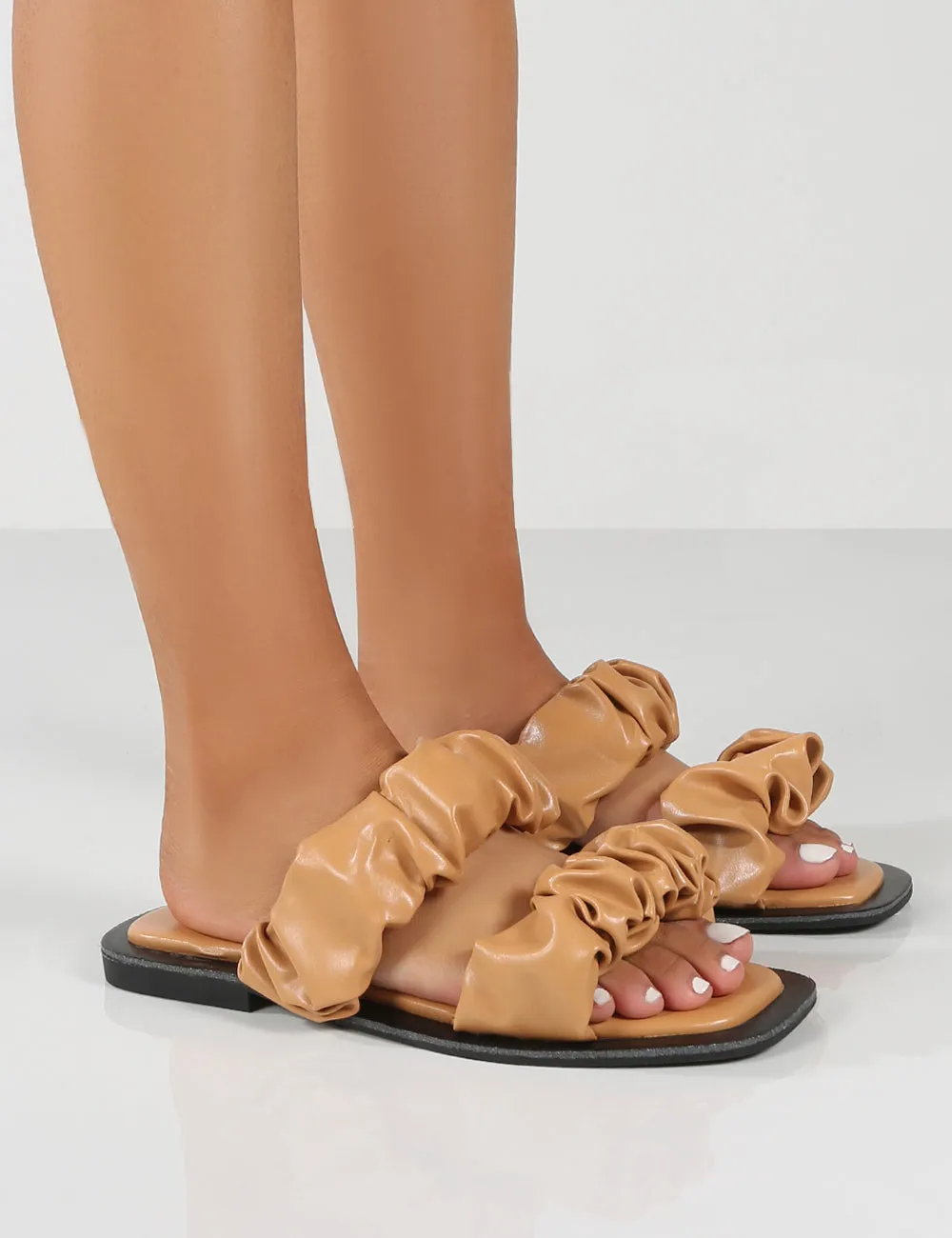 KoKo Camel Ruched Strappy Flat Sandals