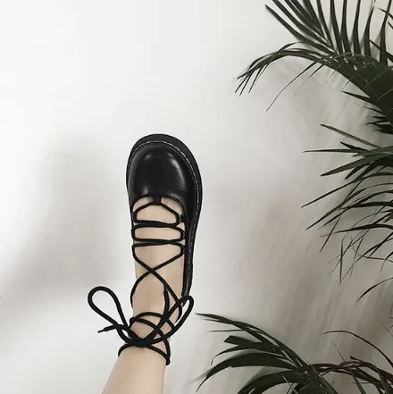 Laceup Black Leather Closed Toe Flat Sandals