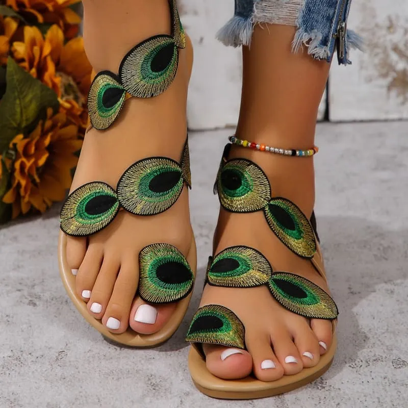 Ladies Beautiful Multicolour Circle Pattern Embroidered Flat Sandals