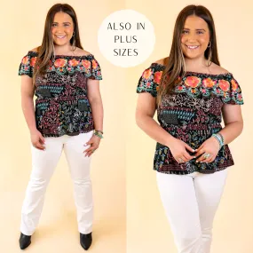 Last Chance Size 3XL | SanFran Sunshine Floral Embroidered Off the Shoulder Top with Peplum Waist in Black