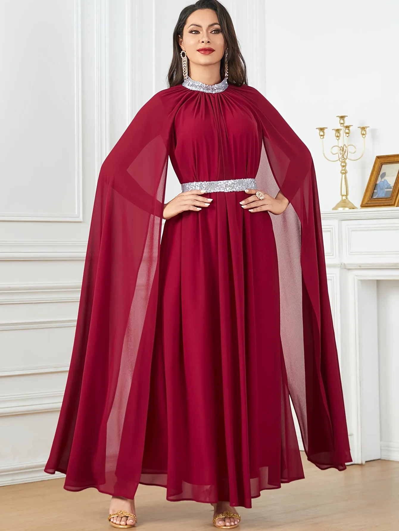 Long Sleeve Crew Neck Maxi Abaya Dress - Elegant Solid Color Block Design, Split Sleeve, Contrast Sequin Details, Non-Stretch Polyester Fabric, Belted, Middle East Style, Ideal for All Seasons