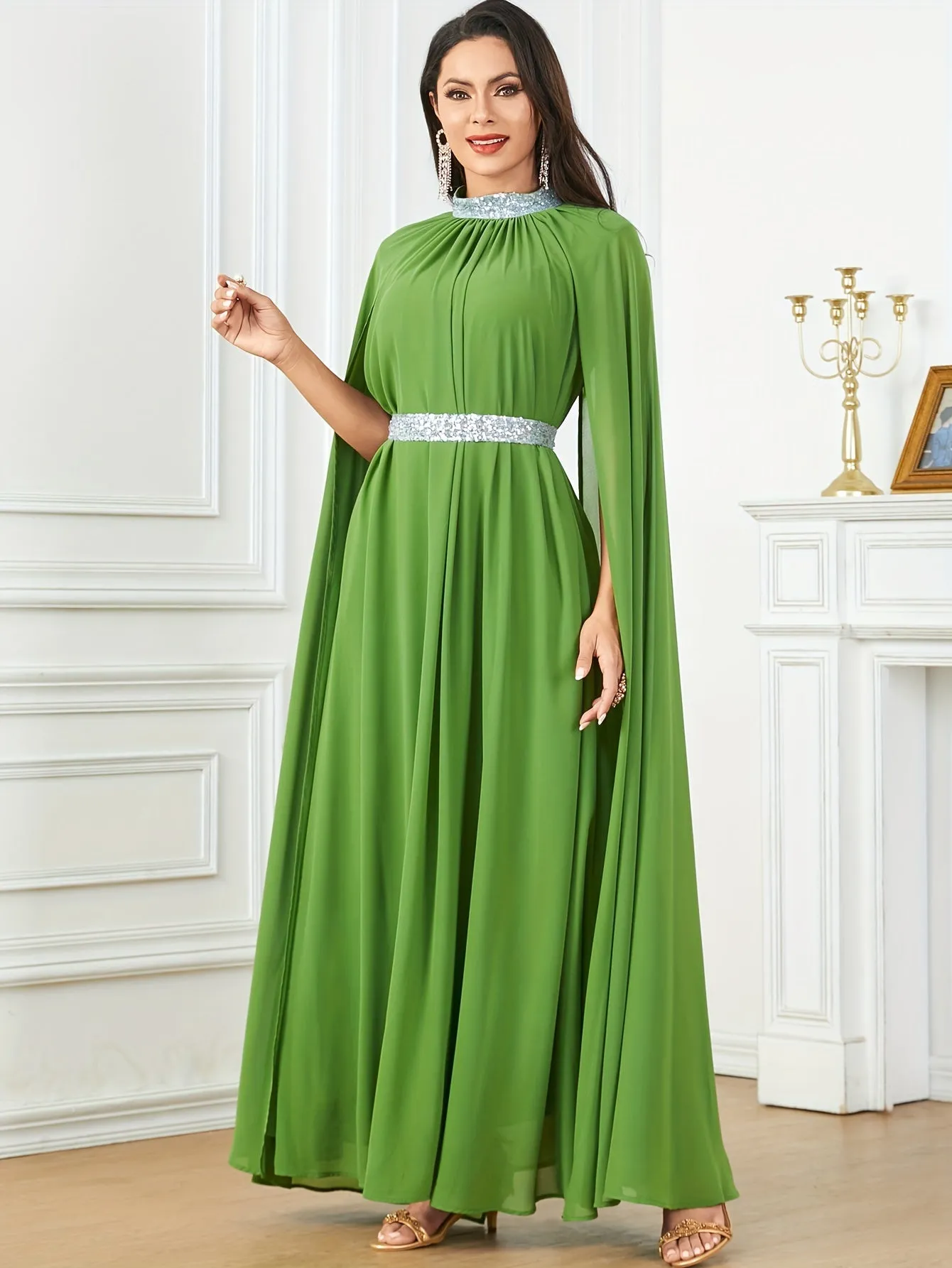 Long Sleeve Crew Neck Maxi Abaya Dress - Elegant Solid Color Block Design, Split Sleeve, Contrast Sequin Details, Non-Stretch Polyester Fabric, Belted, Middle East Style, Ideal for All Seasons