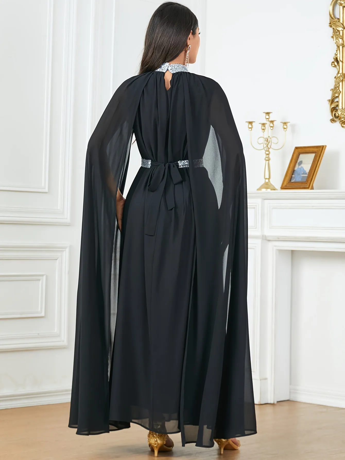 Long Sleeve Crew Neck Maxi Abaya Dress - Elegant Solid Color Block Design, Split Sleeve, Contrast Sequin Details, Non-Stretch Polyester Fabric, Belted, Middle East Style, Ideal for All Seasons