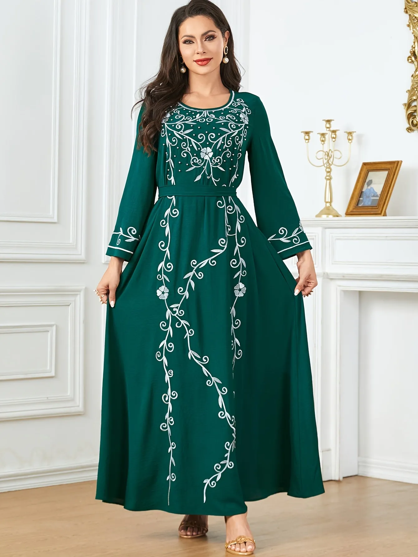 Long Sleeve Elegant Crew Neck Kaftan Dress - Exquisite Embroidery, Cinched Waist, Ankle Length, Polyester Fabric, Machine Washable, Solid Color - Perfect for All Seasons