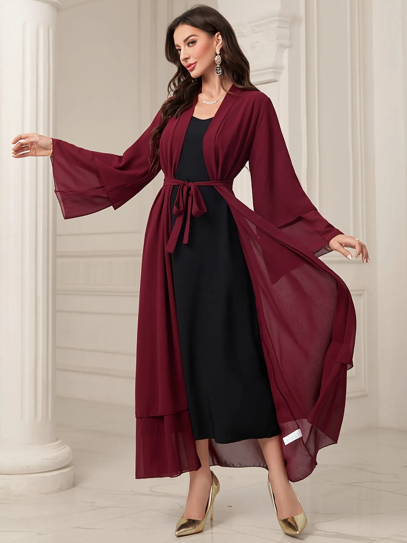 Long Sleeve Elegant Modest Cover Up Dress - Semi-Sheer, Solid Color, Polyester, Loose Fit, Middle East Style, Woven, No Elasticity, Perfect for All Seasons