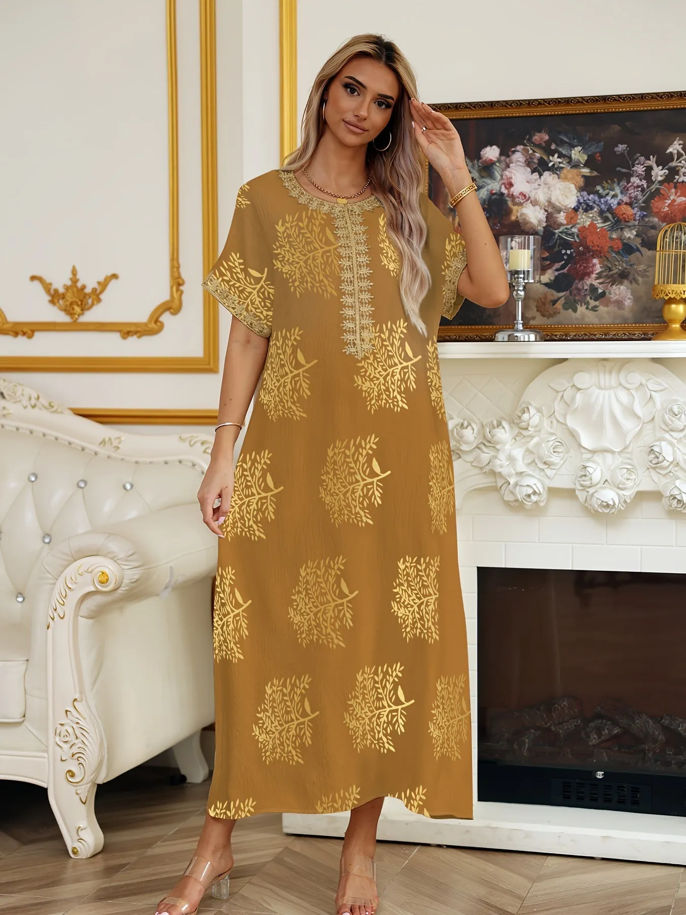 Long Sleeveless Crew Neck Maxi Abaya Dress - Stylish Tribal Pattern, Micro Elastic Polyester Fabric, Elegant Middle East Style - Perfect for All Seasons