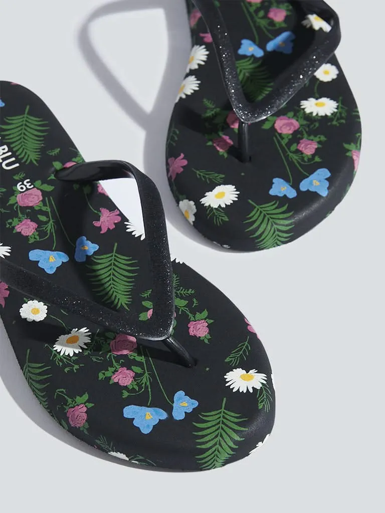 LUNA BLU Black Floral Patterned Flip-Flops