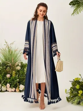 Luxurious Long Sleeve Abaya Robe - Elegant Tassel Hem, Polyester Fabric, Machine Washable, Solid Color, Middle East Style, Perfect for All Seasons - Womens Clothing