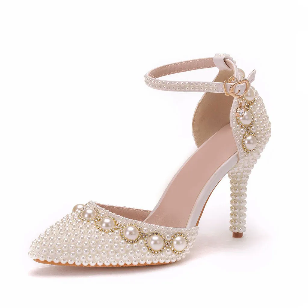 Luxury Pearl Embellished Ankle Strap Pointed Toe Stiletto Sandals - Beige