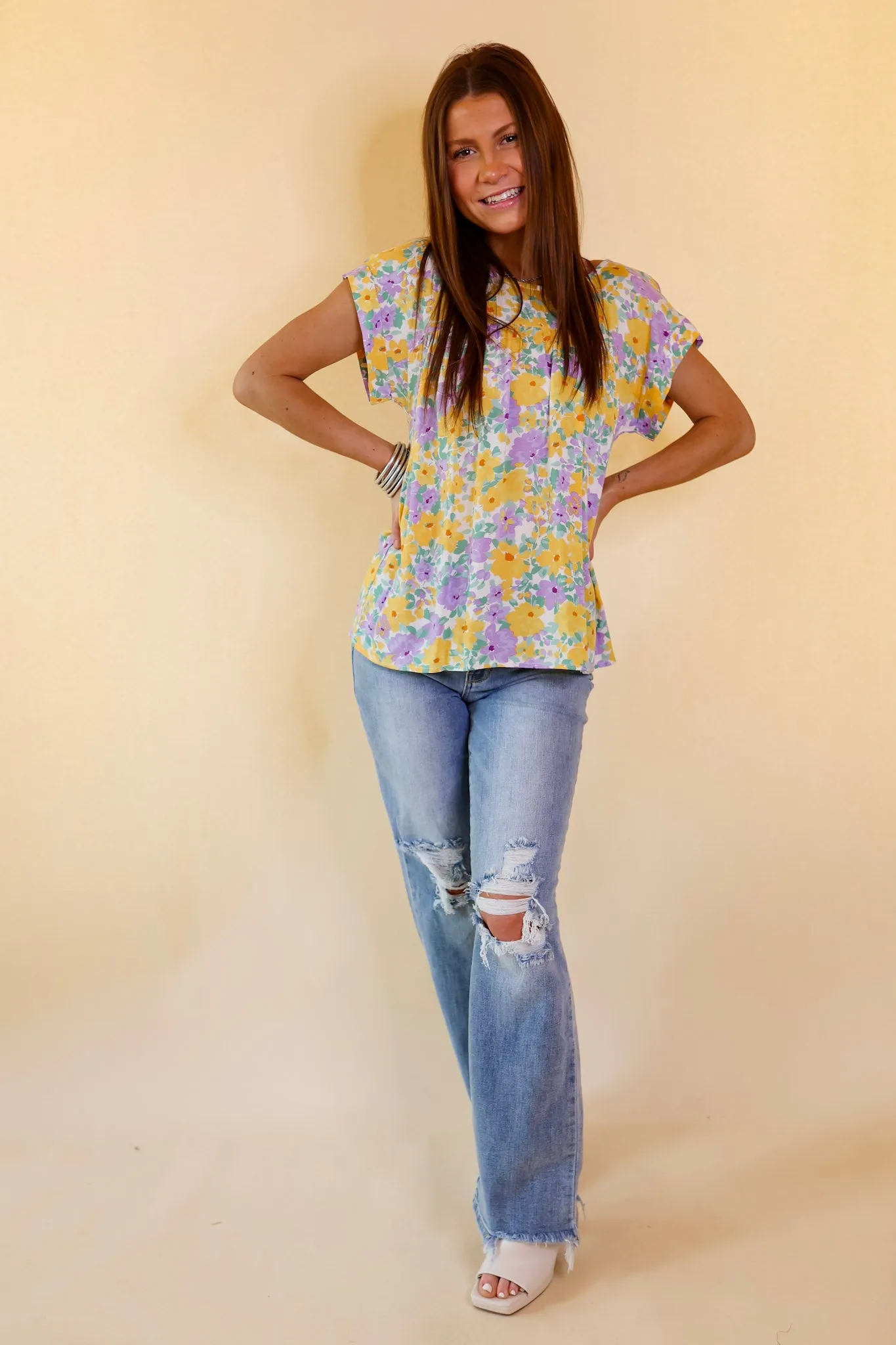 Memorable Meeting Floral Top with Short Sleeves in Purple and Yellow