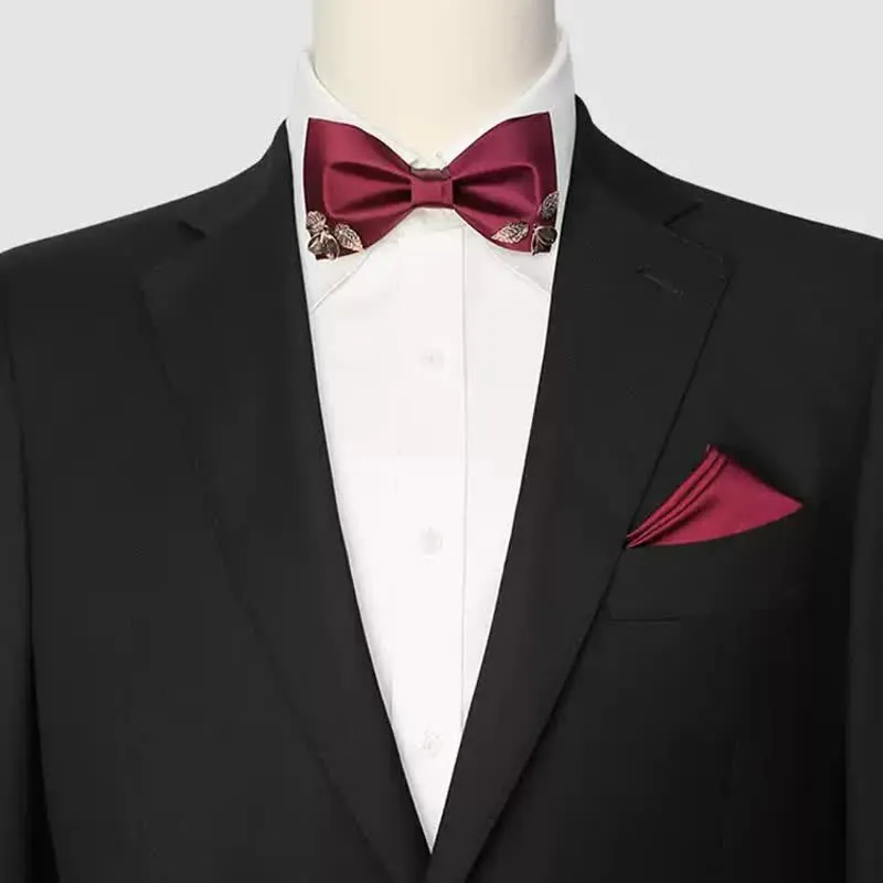 Men's Burgundy Metal Leaves Embellishment Bow Tie