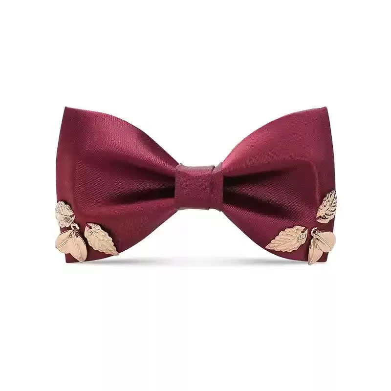 Men's Burgundy Metal Leaves Embellishment Bow Tie