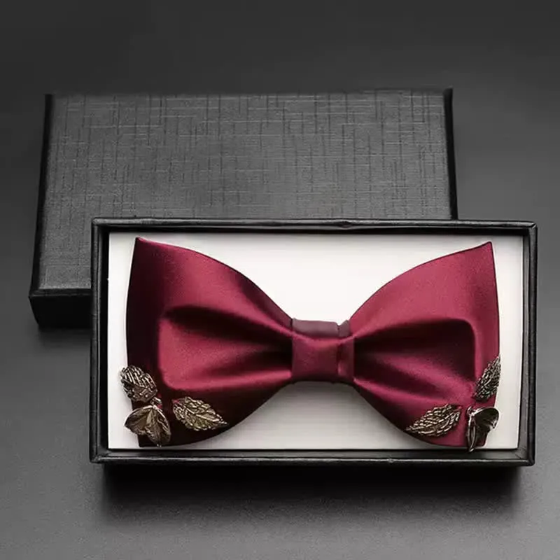 Men's Burgundy Metal Leaves Embellishment Bow Tie