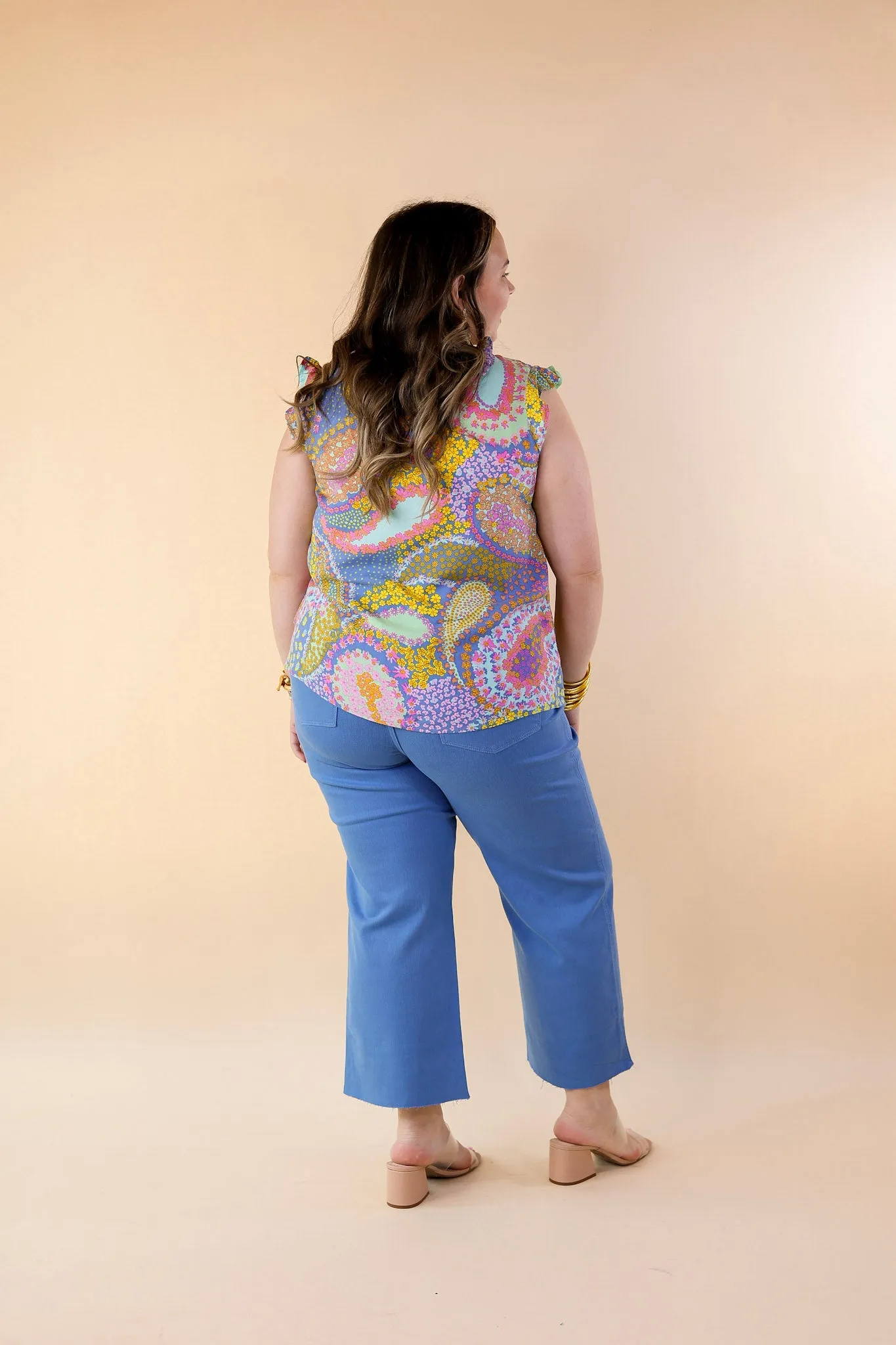 Miracles Everywhere Floral and Paisley Print Blouse with Ruffle Cap Sleeves in Blue Mix