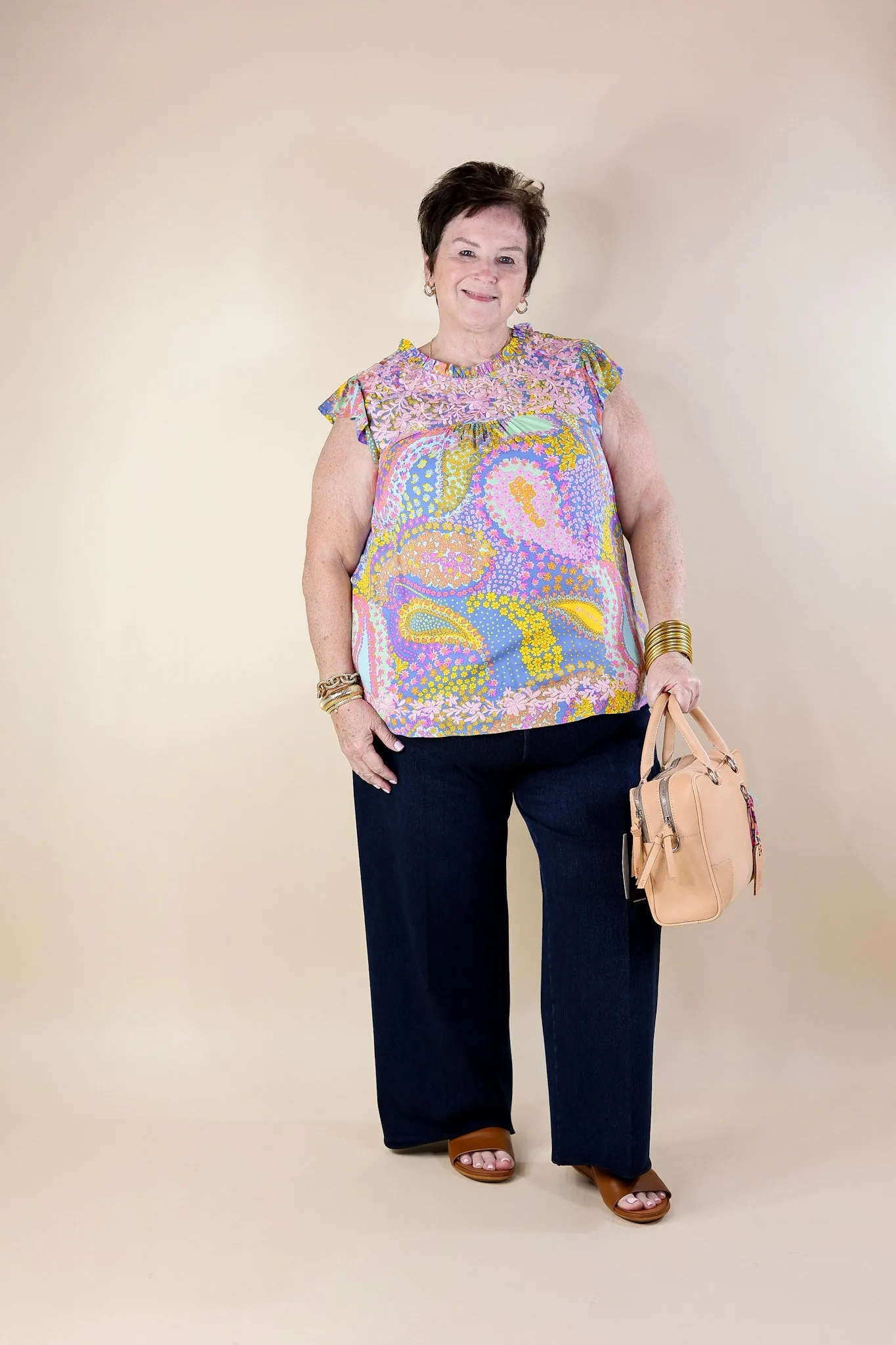 Miracles Everywhere Floral and Paisley Print Blouse with Ruffle Cap Sleeves in Blue Mix