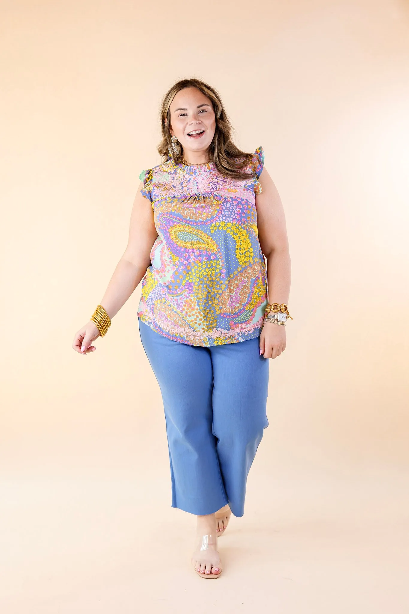 Miracles Everywhere Floral and Paisley Print Blouse with Ruffle Cap Sleeves in Blue Mix