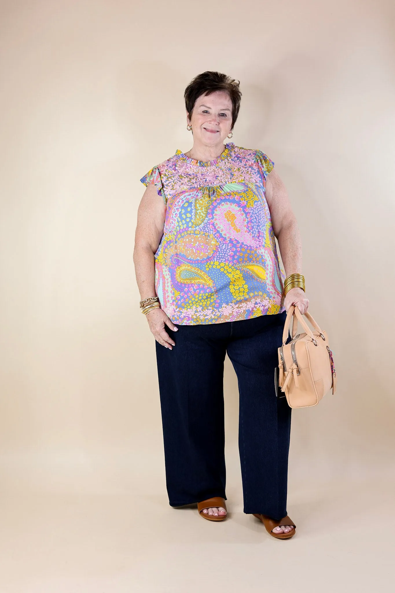 Miracles Everywhere Floral and Paisley Print Blouse with Ruffle Cap Sleeves in Blue Mix