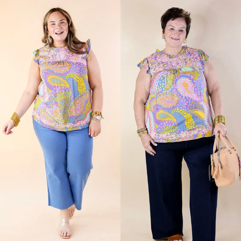 Miracles Everywhere Floral and Paisley Print Blouse with Ruffle Cap Sleeves in Blue Mix