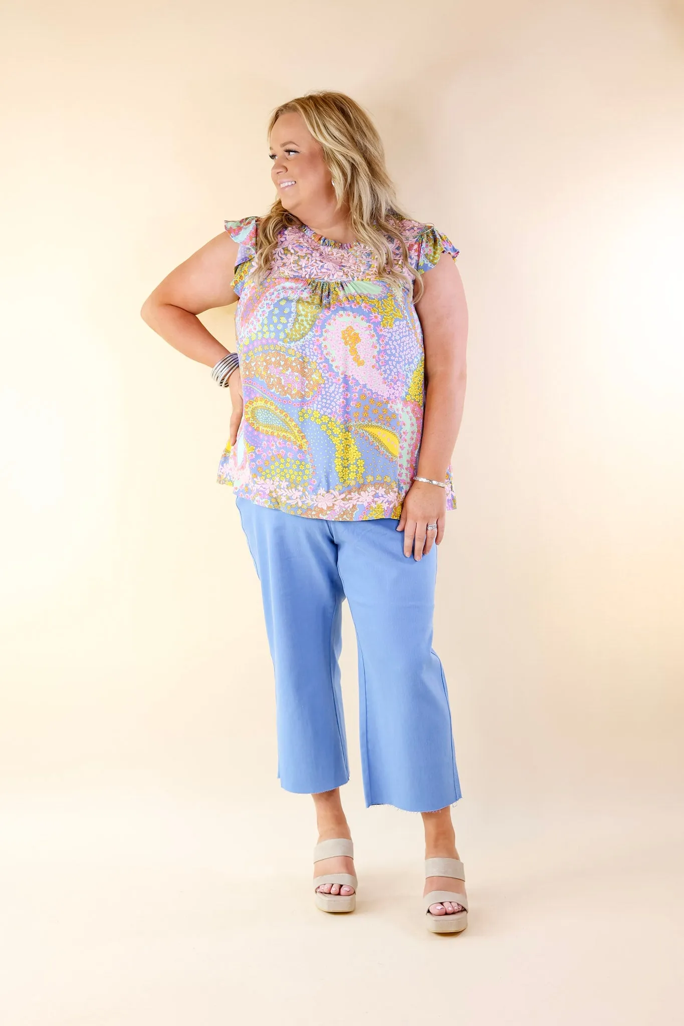 Miracles Everywhere Floral and Paisley Print Blouse with Ruffle Cap Sleeves in Blue Mix