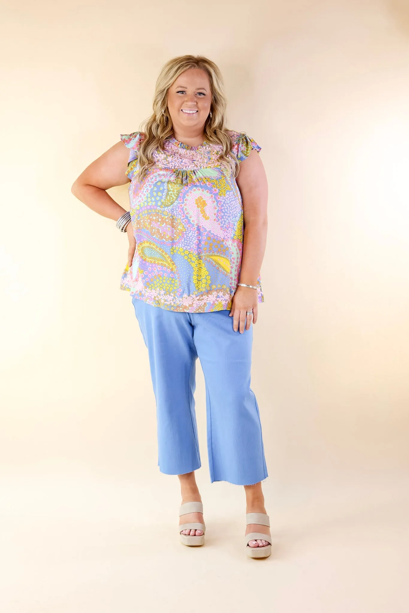 Miracles Everywhere Floral and Paisley Print Blouse with Ruffle Cap Sleeves in Blue Mix