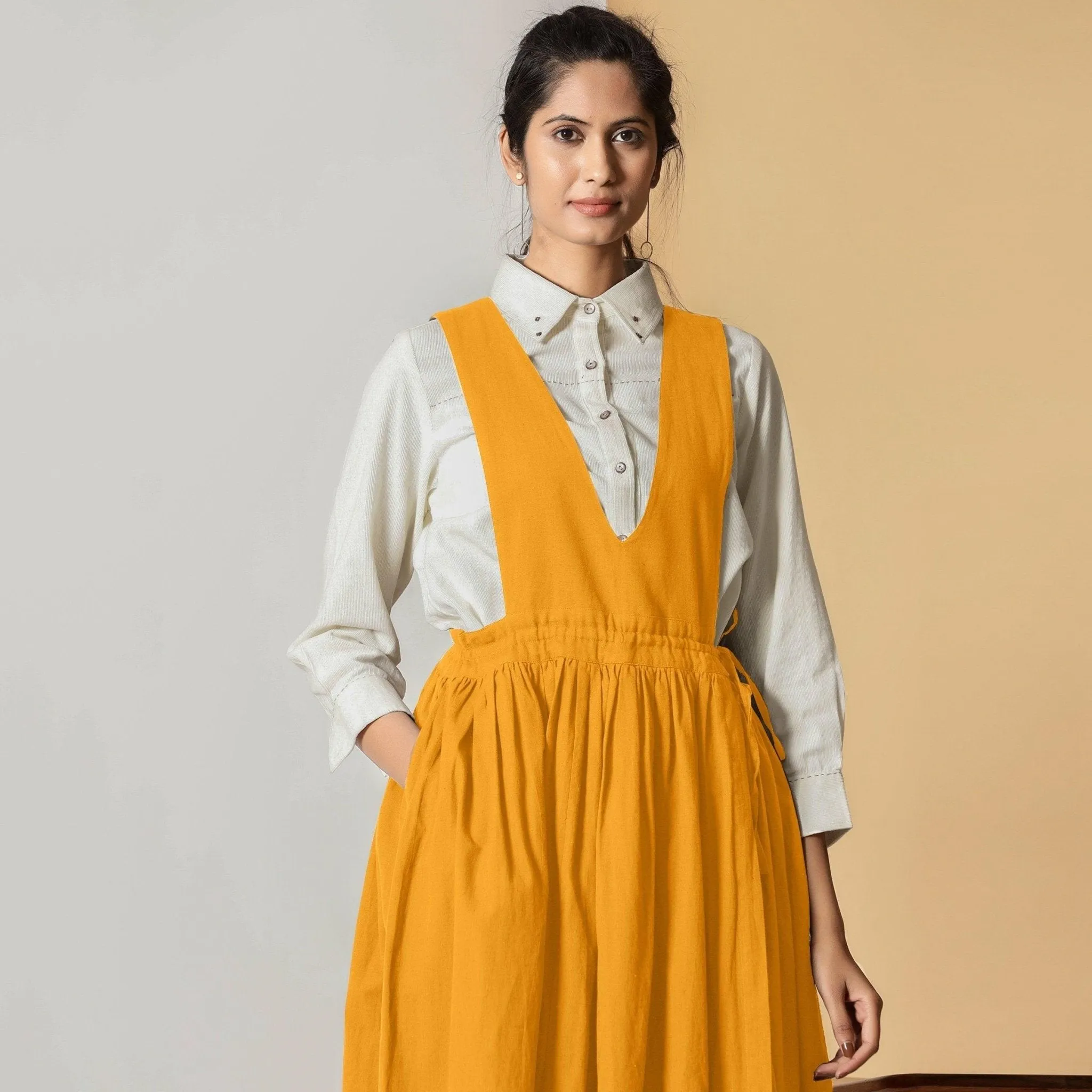 Mustard Cotton Flax Pinafore Midi Wrap Dress