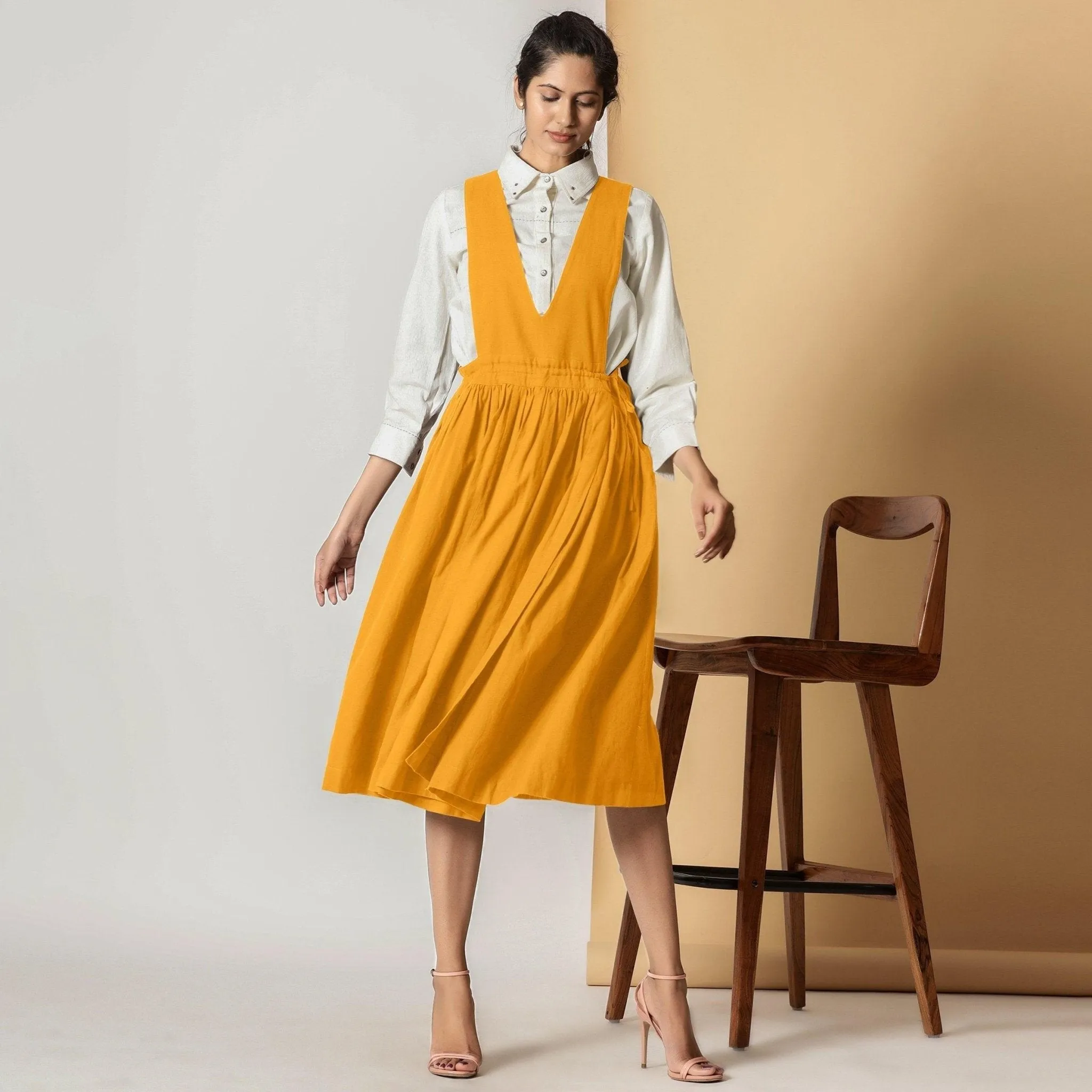 Mustard Cotton Flax Pinafore Midi Wrap Dress