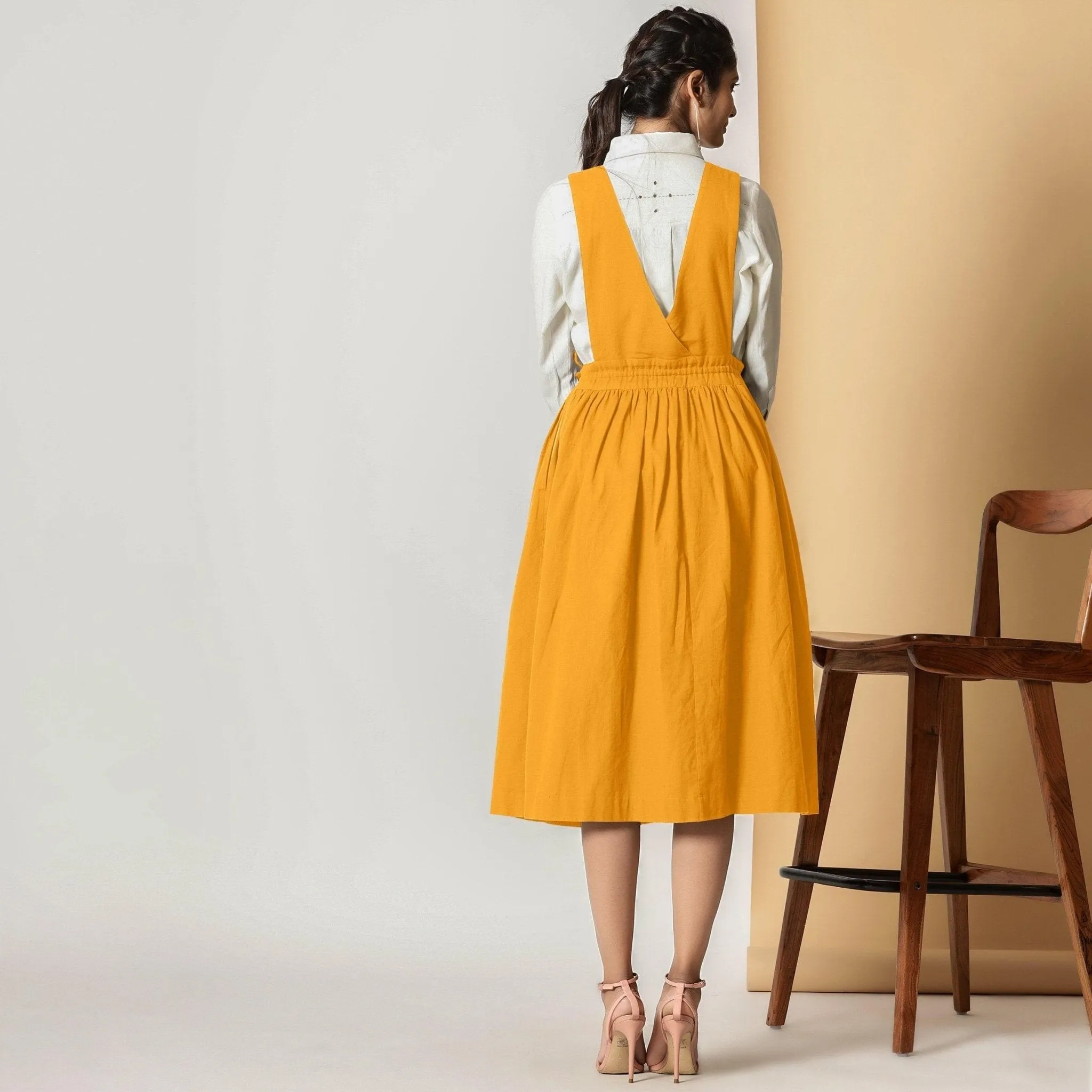 Mustard Cotton Flax Pinafore Midi Wrap Dress