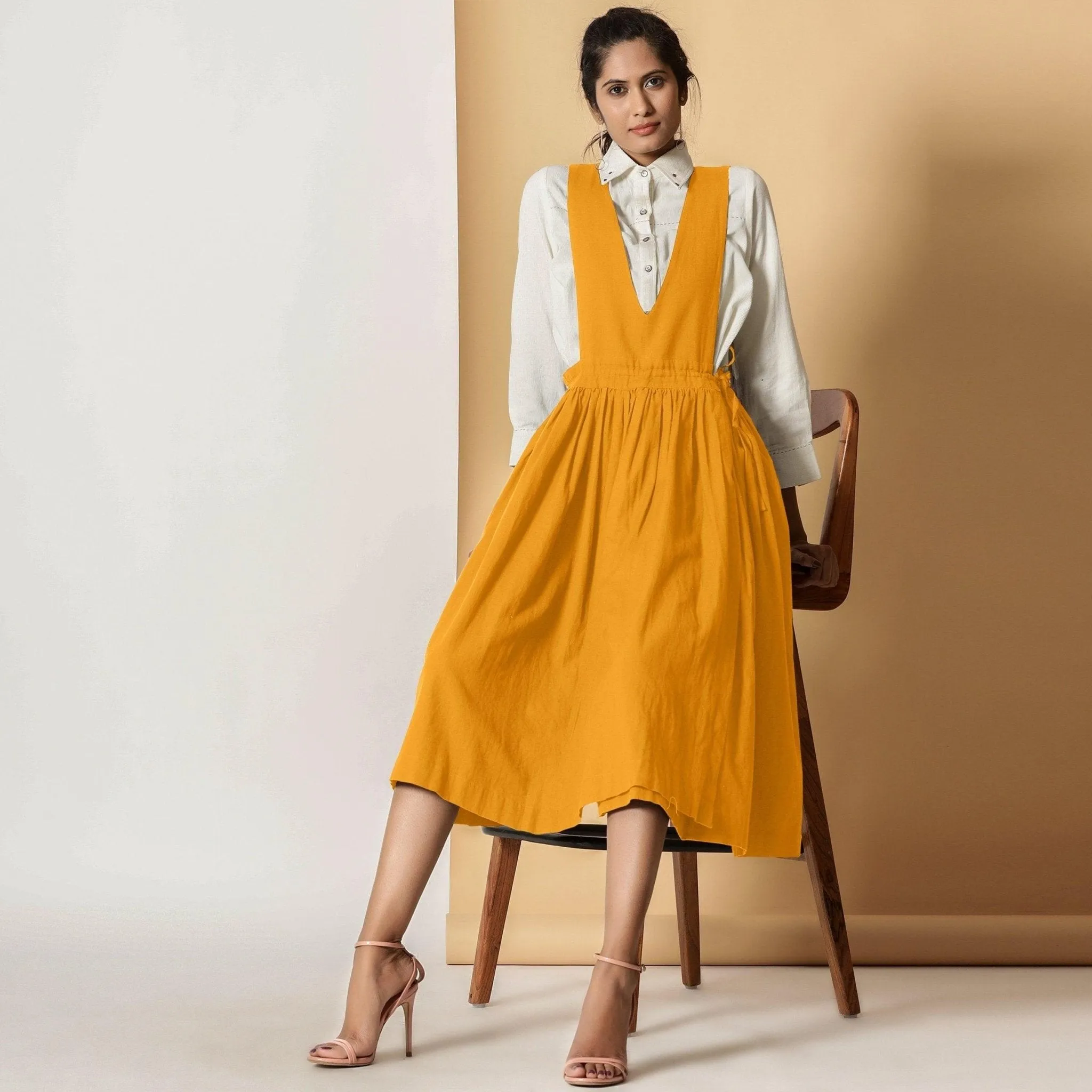 Mustard Cotton Flax Pinafore Midi Wrap Dress