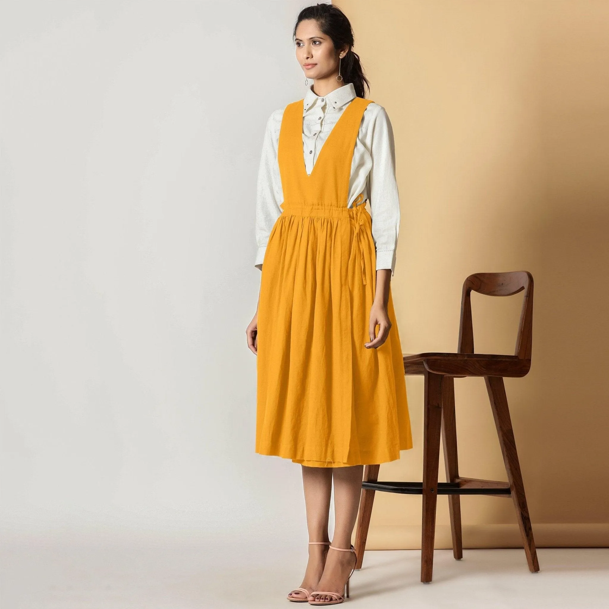 Mustard Cotton Flax Pinafore Midi Wrap Dress