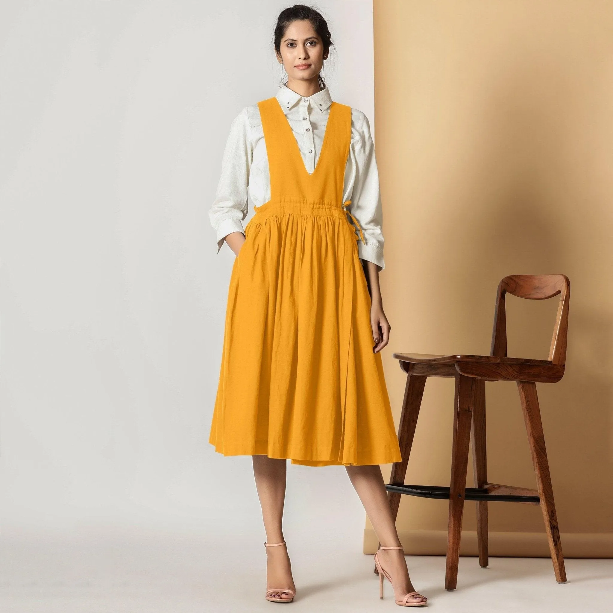 Mustard Cotton Flax Pinafore Midi Wrap Dress