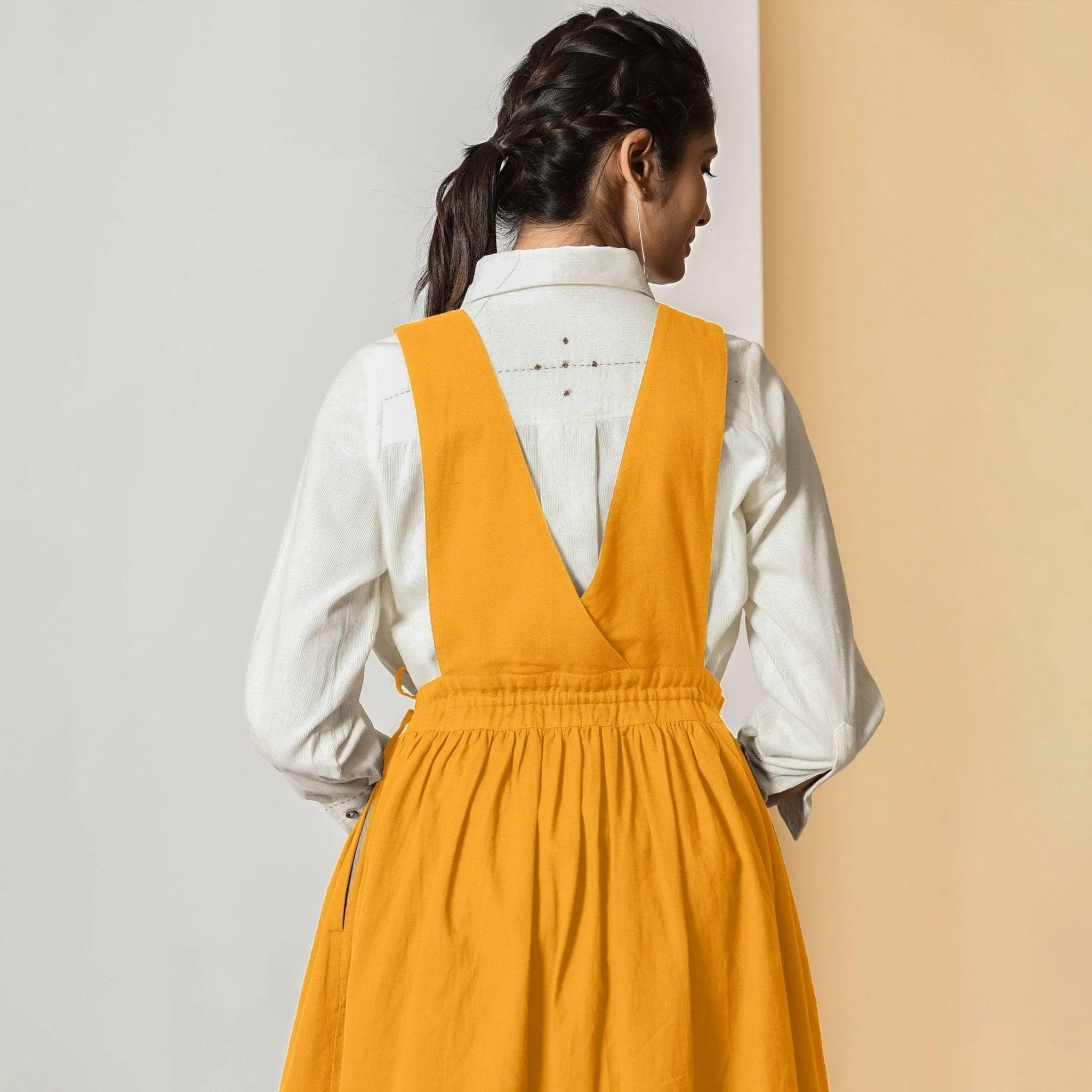 Mustard Cotton Flax Pinafore Midi Wrap Dress