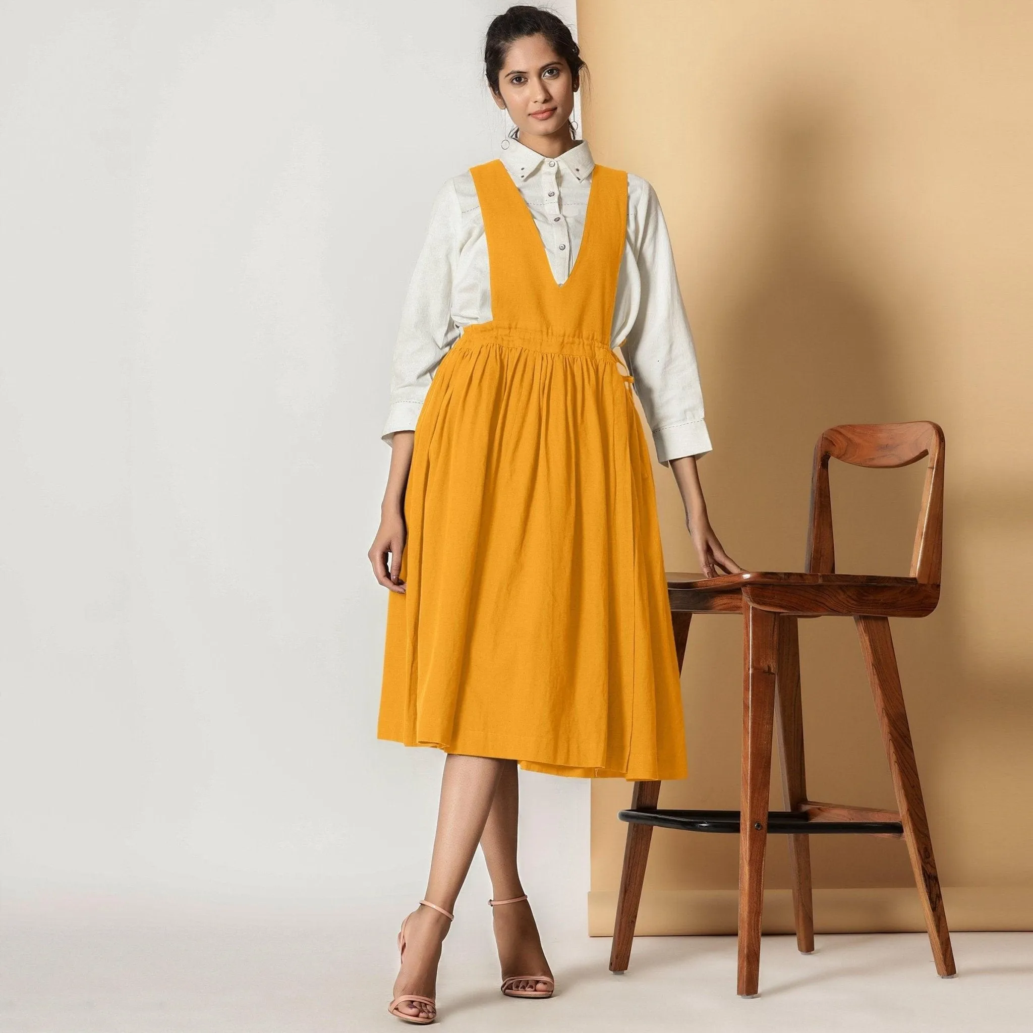 Mustard Cotton Flax Pinafore Midi Wrap Dress