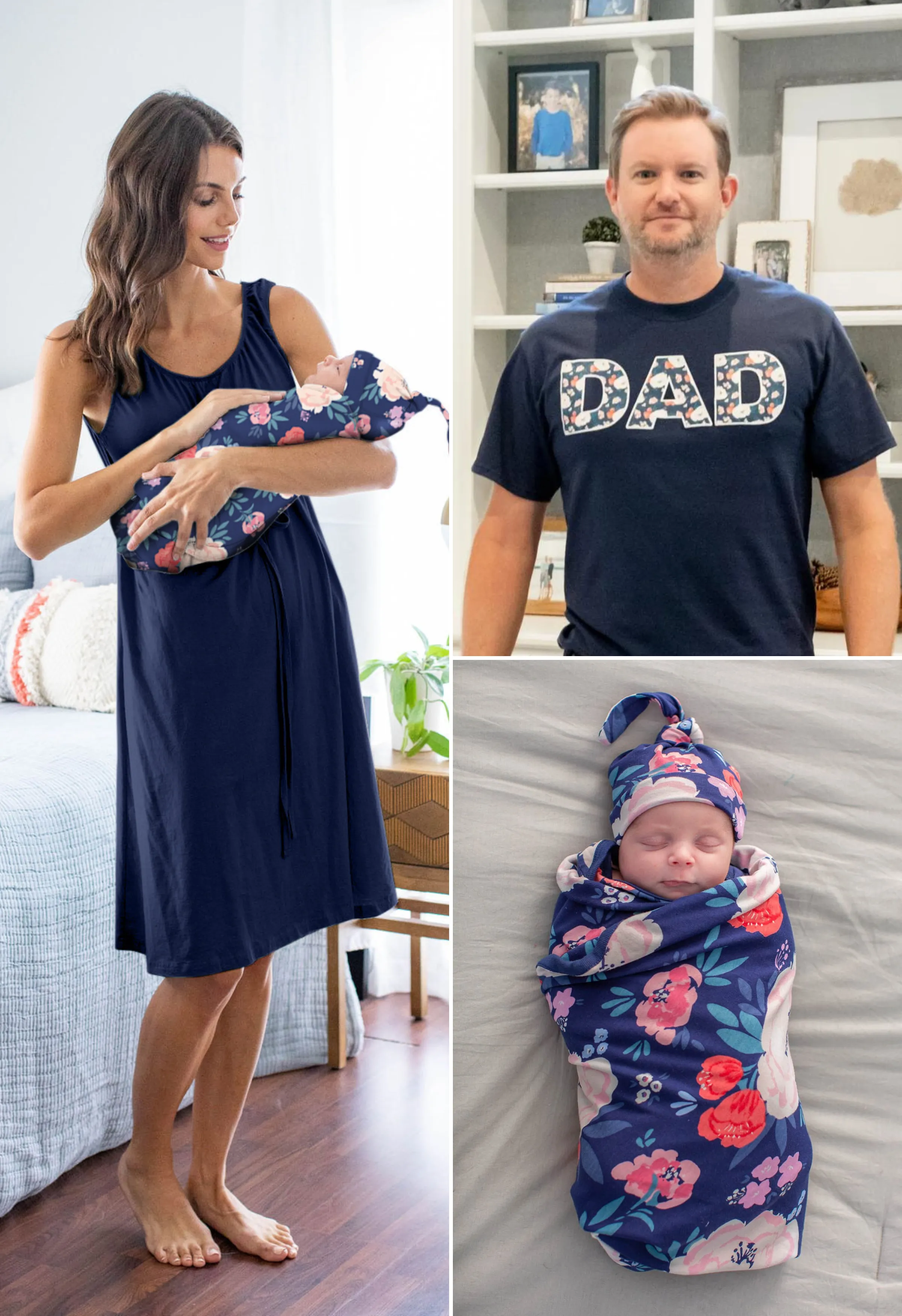 Navy Labor Gown & Annabelle Swaddle Set & Dad T Shirt